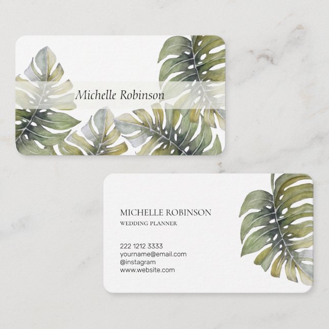 Carte De Visite Elégante aquarelle Tropical Monstera Professional (Devant / Derrière)