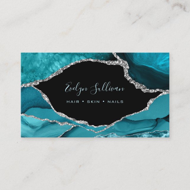 Carte De Visite élégante aquarelle turquoise agate sur noir (Devant)