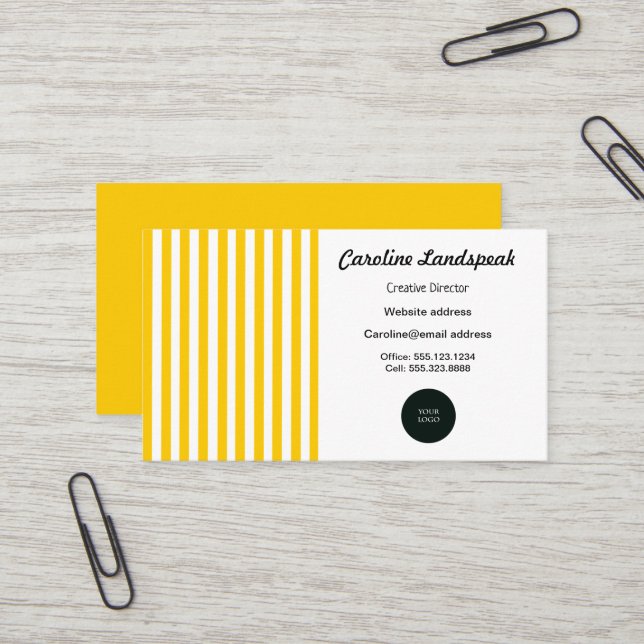 Carte De Visite Elégante bande jaune et blanche avec logo (Devant/Arrière en situation)