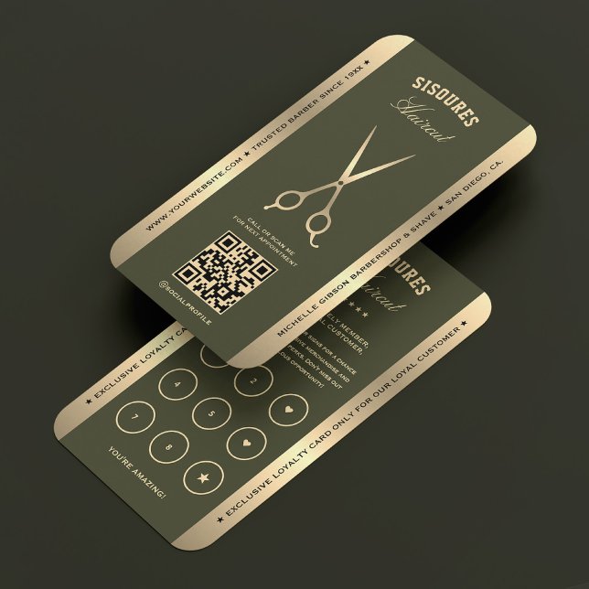 Carte De Visite Elégante Barbershop Barber Green Gold Loyalty Card (Elegant Barbershop Barber Green Gold Loyalty Card
)
