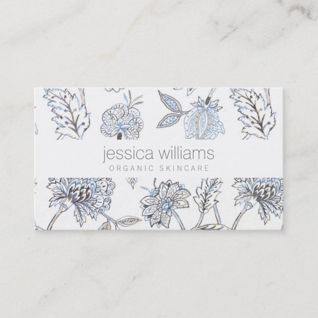 Carte De Visite Elégante Beauté Bleu Motif Floral Cosmetologue (Devant)