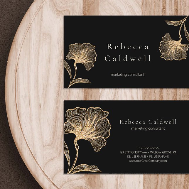 Carte De Visite Élégante Black Gold Floral Feminine (Elegant Black Gold Floral Feminine Business Card)