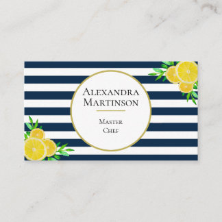 Carte De Visite Elégante Bleu Blancs Aquarelle Citrons Chef