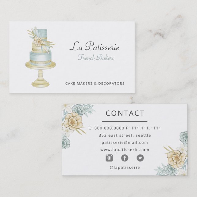 Carte De Visite Élégante Bleu Floral Mariage boulangerie boulanger (Devant / Derrière)