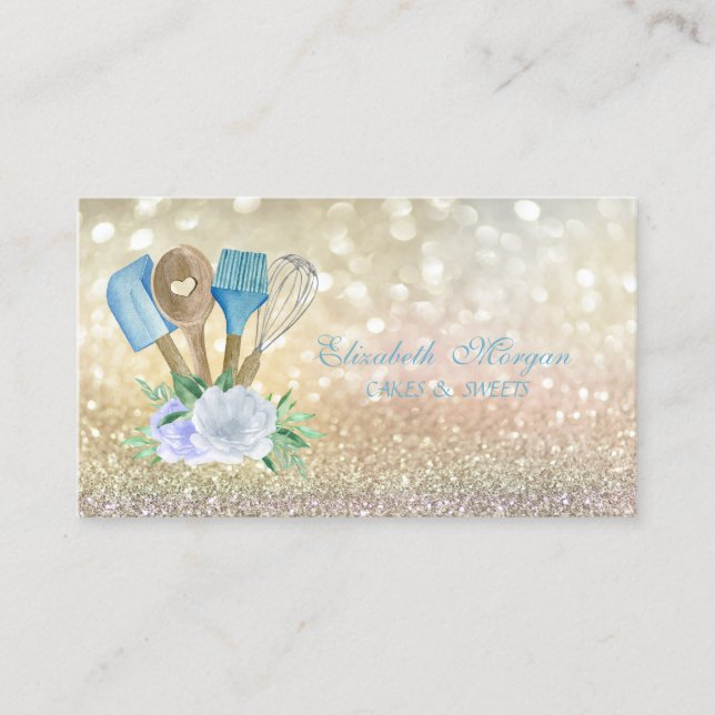 Carte De Visite Élégante Boulangerie Bokeh Outils à main Fleurs (Devant)