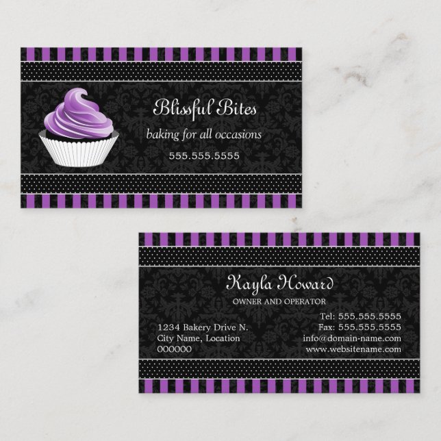 Carte De Visite Élégante Boulangerie de Cupcake pourpre damassé (Devant / Derrière)