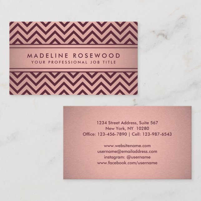 Carte De Visite Elégante Bourgogne & Rose Gold Faux Foil Chevron (Devant / Derrière)
