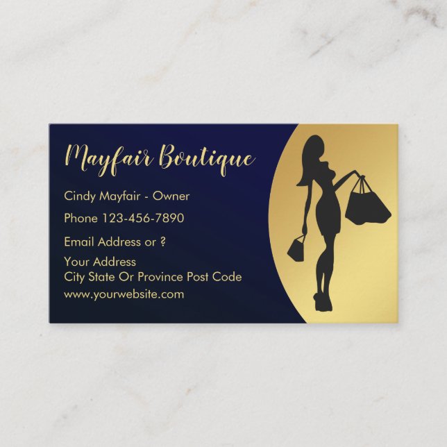 Carte De Visite Élégante Boutique Mode Femme Bleu Et Or (Devant)