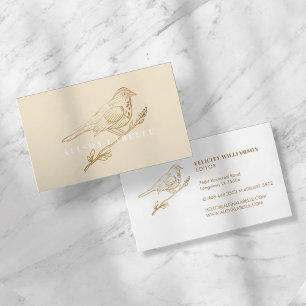 Carte De Visite Elégante Crème Lumière & Oiseau Perché Or