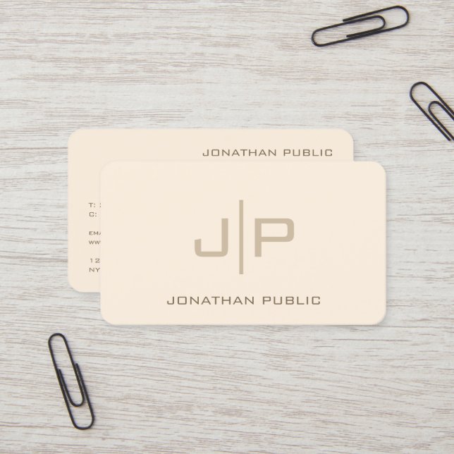 Carte De Visite Elégante crème Monogram Modèle Professionnel (Devant/Arrière en situation)