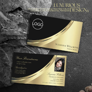 Carte De Visite Elégante décoration en or noir avec logo et photo 