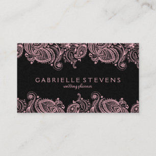 Carte De Visite Elégante Dentelle Pastel Rose Et Noir Paisley