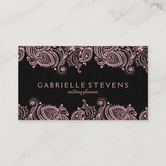 Carte De Visite Elégante Dentelle Pastel Rose Et Noir Paisley (Devant)