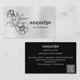 Carte De Visite *~* Élégante Fleur Florale Argent QR LOGO PHOTO