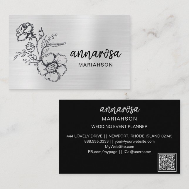 Carte De Visite *~* Élégante Fleur Florale Argent QR LOGO PHOTO (Devant / Derrière)