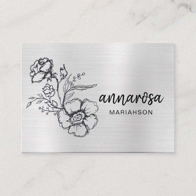 Carte De Visite *~* Elégante Fleur Florale d'argent LOGO PHOTO QR (Devant)