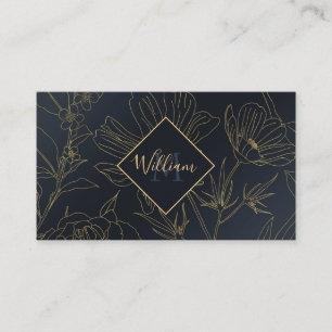 Carte De Visite Élégante Fleurs d'or Bleu Botanique