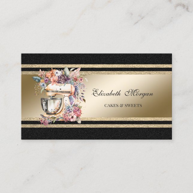 Carte De Visite Élégante Glitterie or rayures Mélange Floral Noir (Devant)