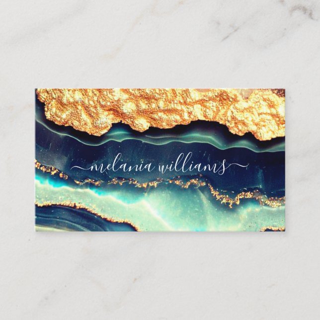 Carte De Visite Elégante Gold Blue Marble Agate Geode QR Code (Devant)