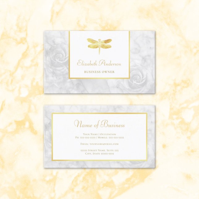 Carte De Visite Elégante libellule d'or Marbre rose blanche (Elegant Gold Dragonfly White Rose Marble Business Cards)
