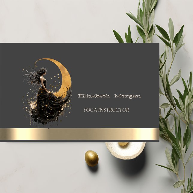 Carte De Visite Élégante Lune d'or fille Yoga Instructeur Business (Créateur téléchargé)