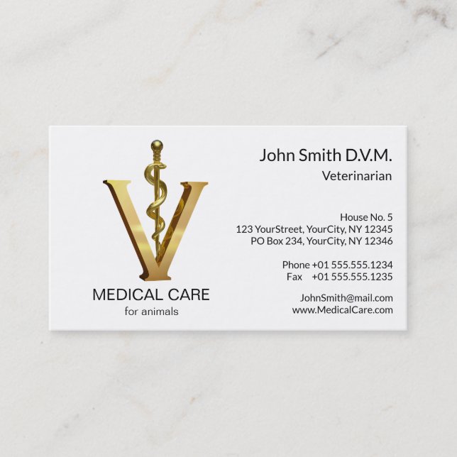 Carte De Visite Elégante médecine vétérinaire Or V Vet Asclepius (Devant)