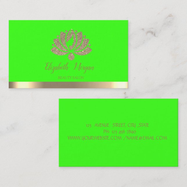 Carte De Visite Elégante Parties scintillant d'or Lotus Green Neon (Devant / Derrière)