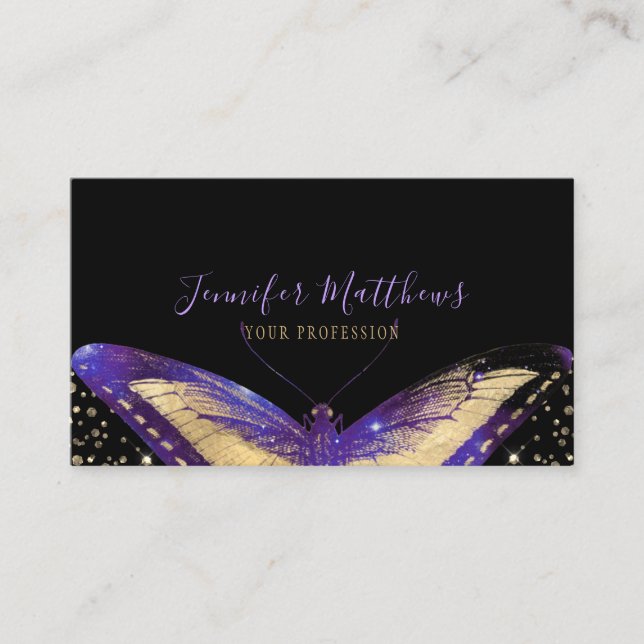 Carte De Visite Elégante Parties scintillant d'or violet papillon (Devant)