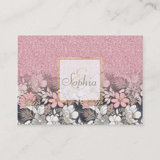 Carte De Visite Élégante Parties scintillant dorée rose floral Gra (Devant)