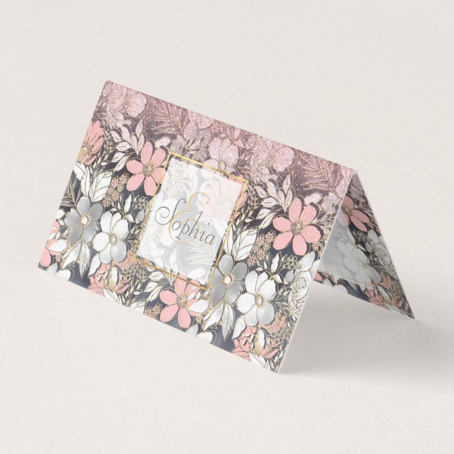 Carte De Visite Élégante Parties scintillant dorée rose floral Gra (Devant)