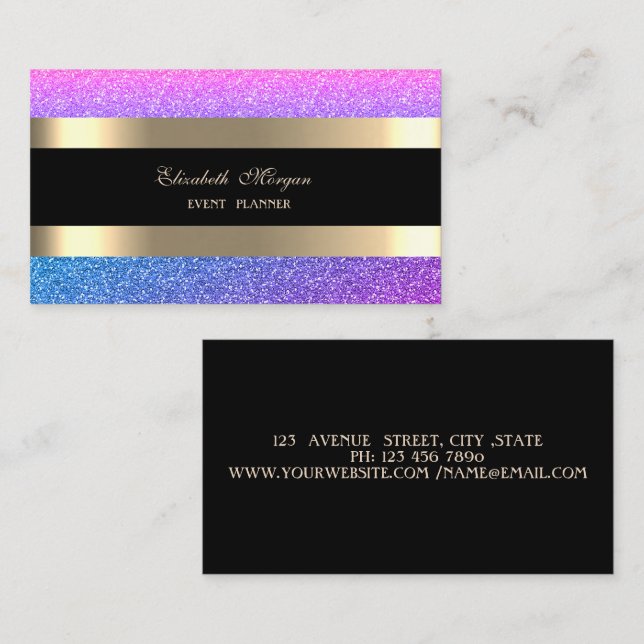 Carte De Visite Élégante Parties scintillant moderne, Violet rayée (Devant / Derrière)