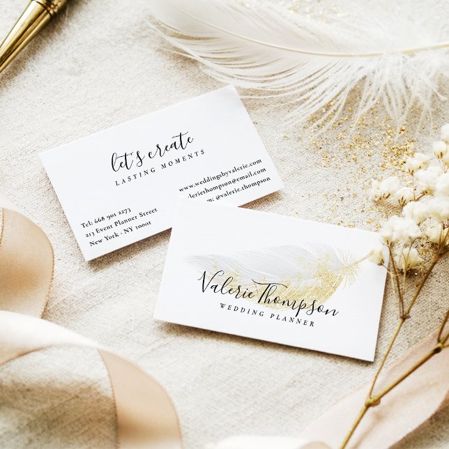 Carte De Visite Elégante parties scintillant or pastel gris plume  (Elegant gold glitter pastel gray feather modern)
