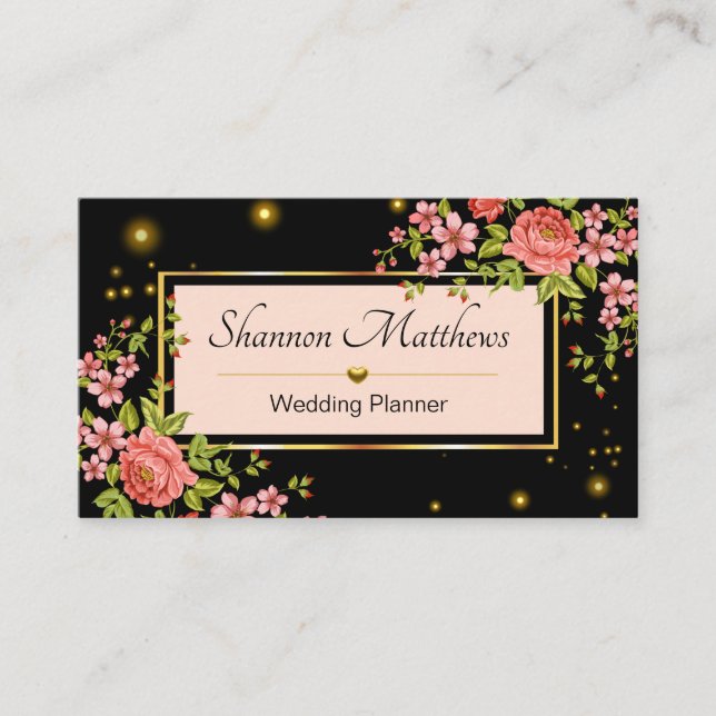 Carte De Visite Elégante Pêche et noir Rose Wedding planner Floral (Devant)