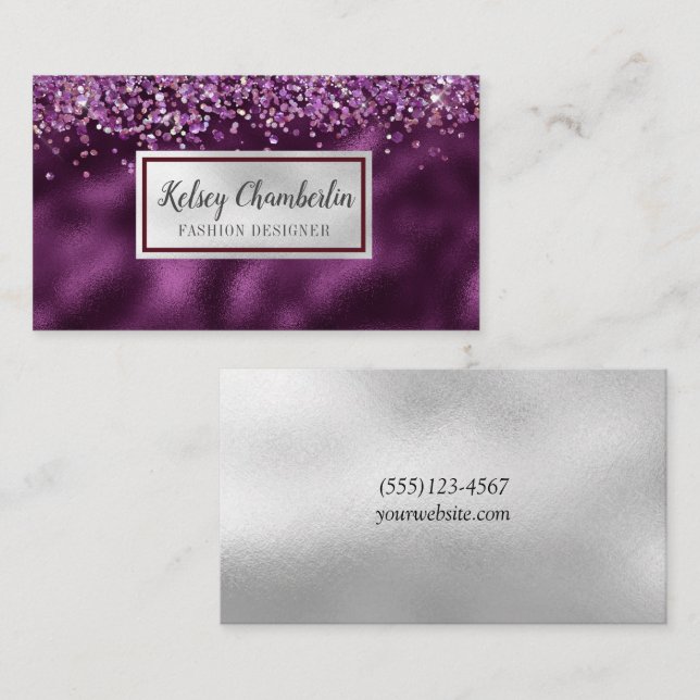 Carte De Visite Elégante Plum & Argent Sparkle Confetti (Devant / Derrière)