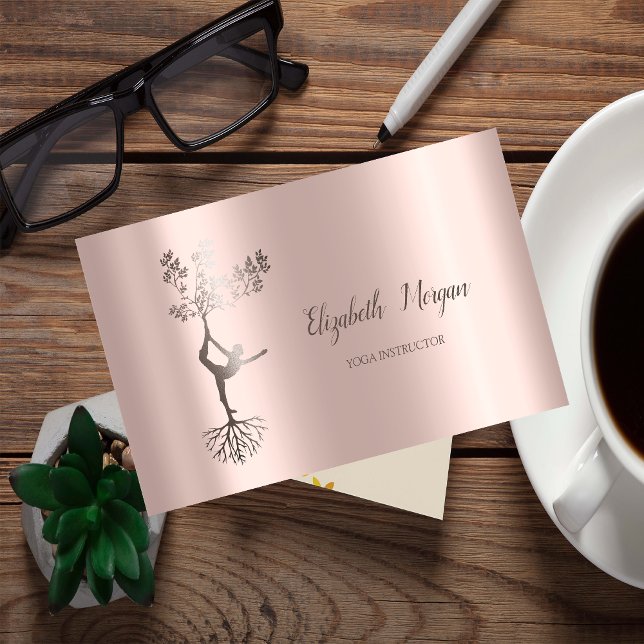 Carte De Visite Elégante Yoga Rose Gold Tree femmes Silhouette (Créateur téléchargé)