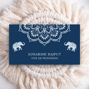 Carte De Visite Éléphants Mandala Bleu Marine Indien