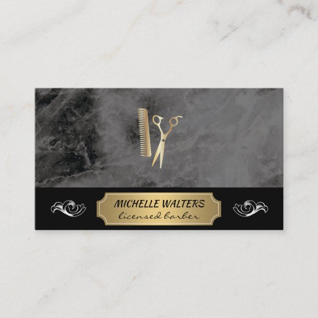 Carte De Visite Elite Barber | Arrière - plan en marbre noir plaqu (Devant)