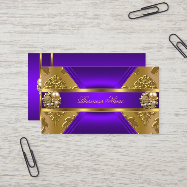 Carte De Visite Elite Business Purple Or Elegant Damask Jewel (Devant/Arrière en situation)