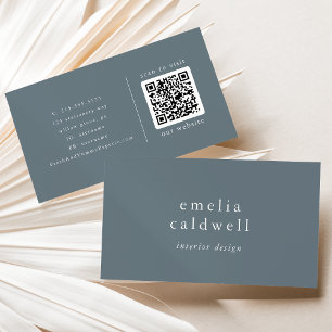 Carte De Visite EMELIA Dusty Blue Minimalist Boho Minimal QR Code