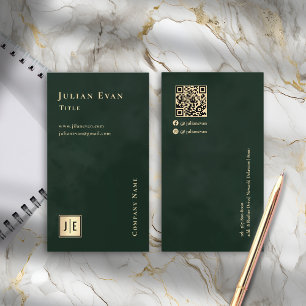 Carte De Visite Emerald Green & Gold Luxe Monogramme vertical