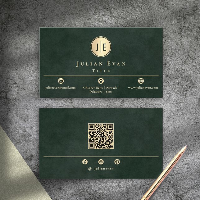 Carte De Visite Emerald Green Monogram Modern Scannable Qr Code (Emerald Green Monogram Modern Scannable Qr Code Business Card)
