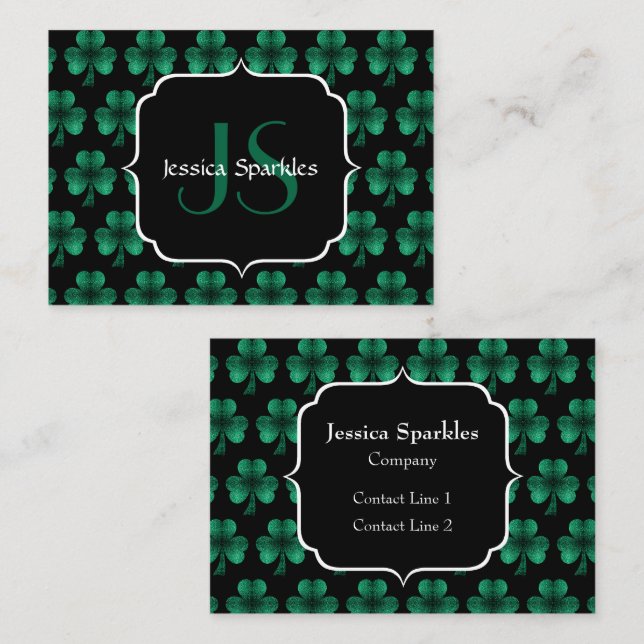 Carte De Visite Emerald Green Sparkle Shamrock noir Monogramme (Devant / Derrière)