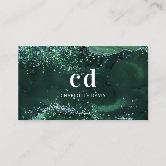 Carte De Visite Émeraude vert agate marbre initiales monogramme (Devant)