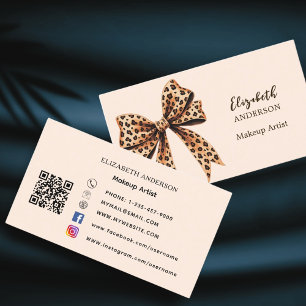 Carte De Visite Empreinte de léopard bow peach brown qr code média