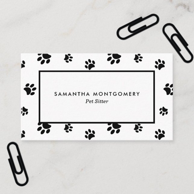 Carte De Visite Empreintes de pattes blancs et noirs Professionnel (White and Black Paw Prints Professional Pet Sitter Business Card)