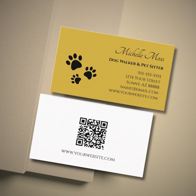 Carte De Visite Empreintes de pattes Pet Sitter Code QR Or (Créateur téléchargé)