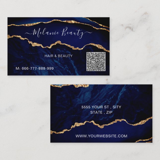 Carte de visite en marbre bleu marine avec code QR (Devant / Derrière)