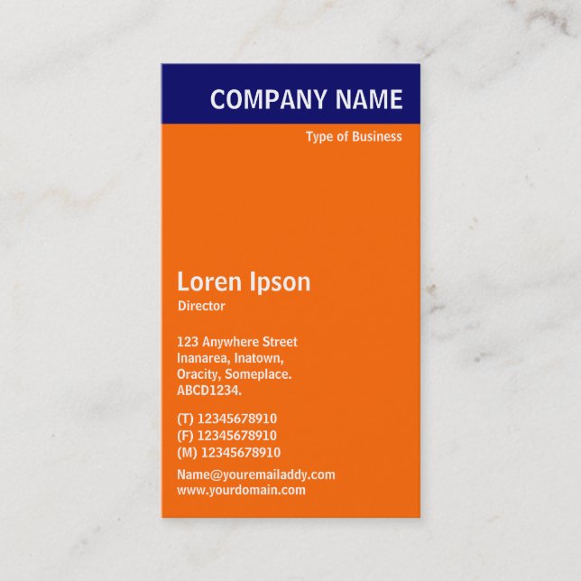 Carte De Visite En-tête vertical - Bleu avec orange et blanc (Devant)