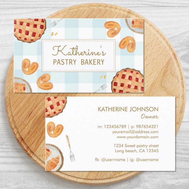 Carte De Visite en vichy Motif Aquarelle Pâtisserie Chef boulanger (Front and Back)
