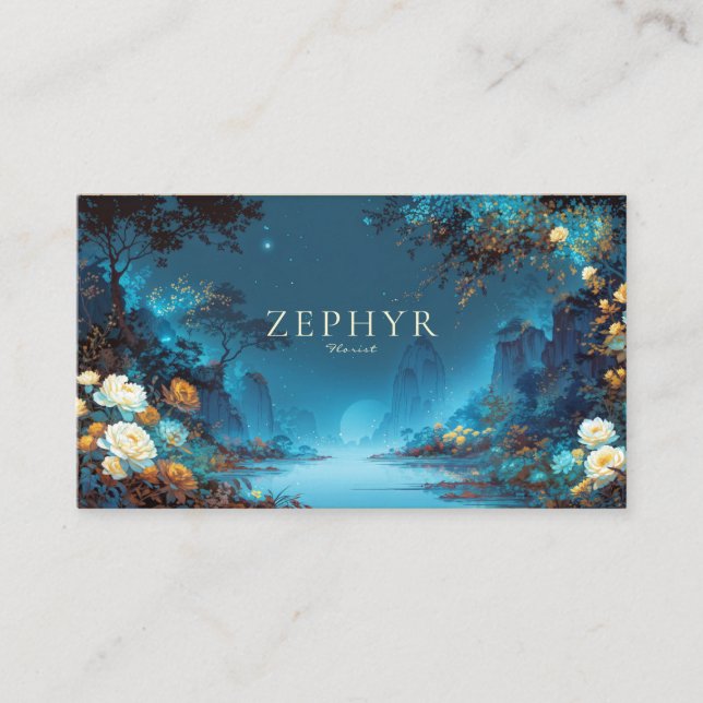 Carte De Visite Enchanted Night Landscape Teal Yellow Floral Moon (Devant)